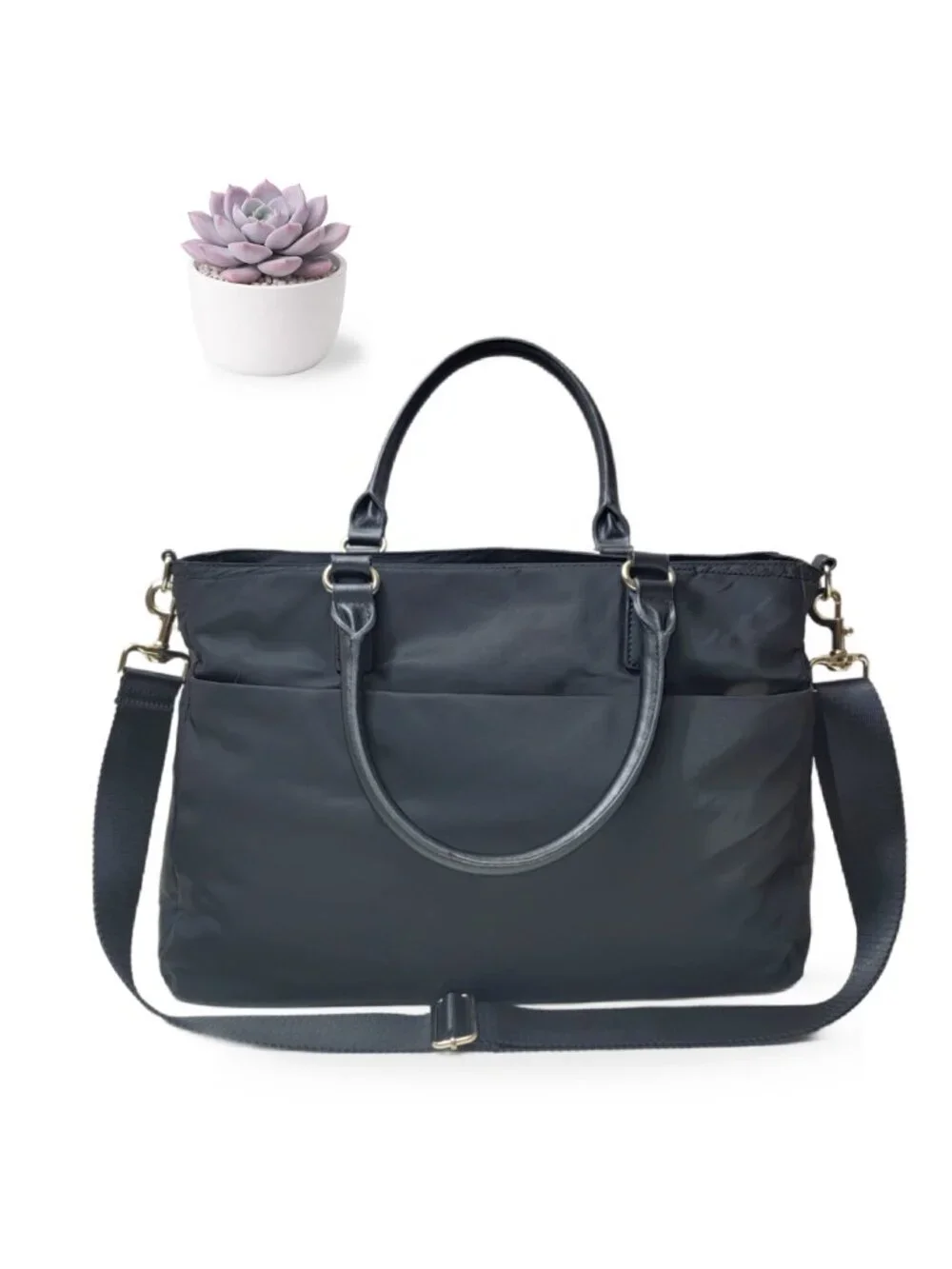 Lo & Sons L&S Black Nylon Laptop Tote Bag Work Travel Crossbody Gold Hardware